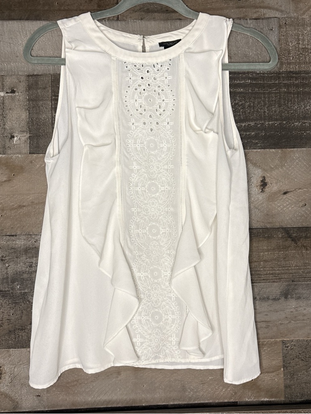 Ann Taylor White Sleeveless Ruffle Embroidered Front Camisole